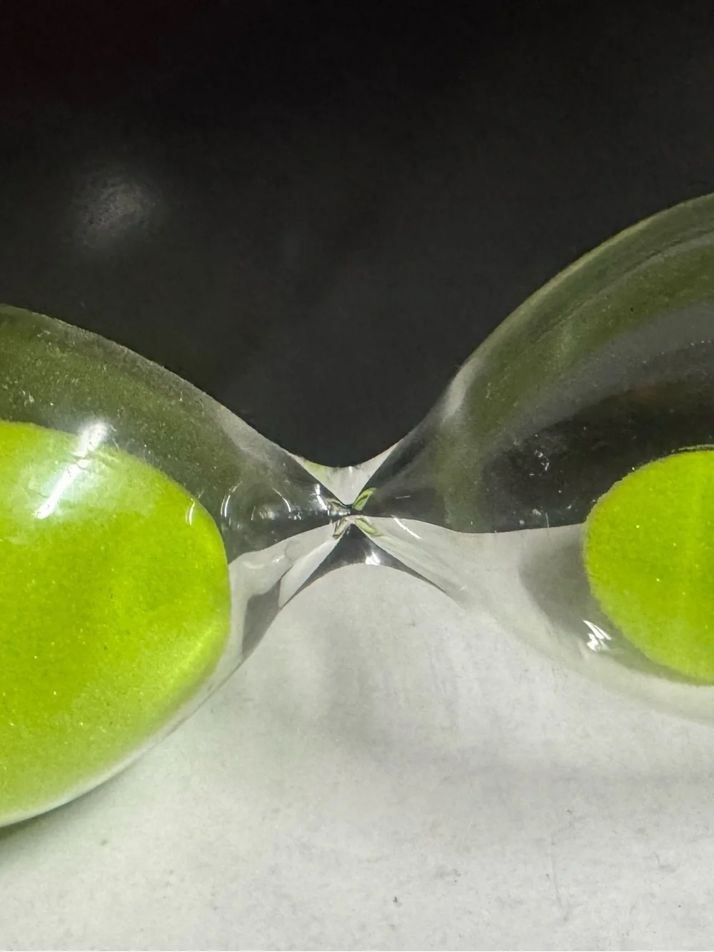 10 minute glass egg timer with lime green sand hour glass 8” tall